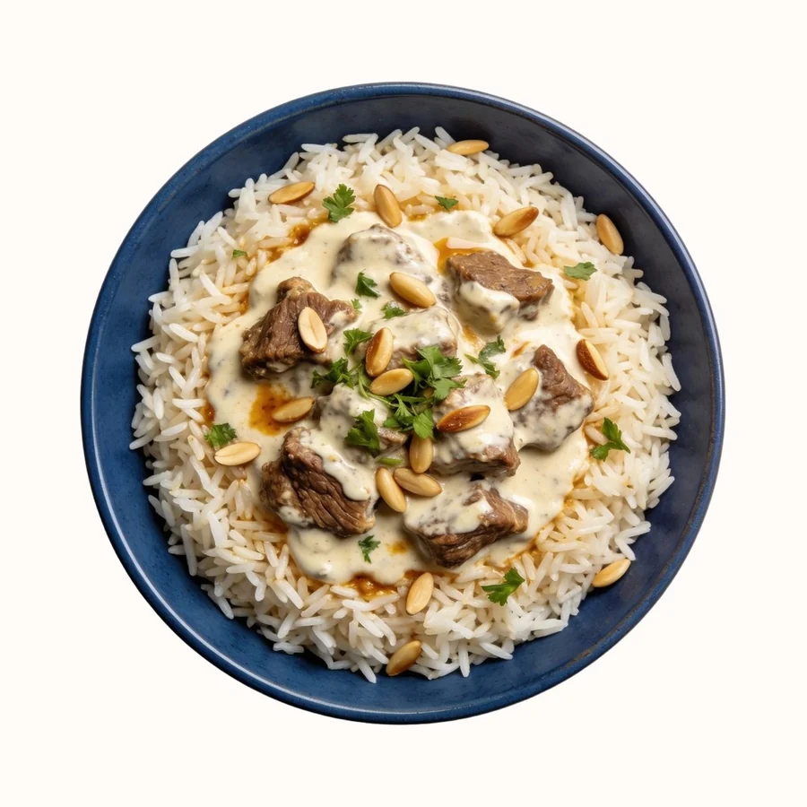 Mansaf, plated, photographed from above.