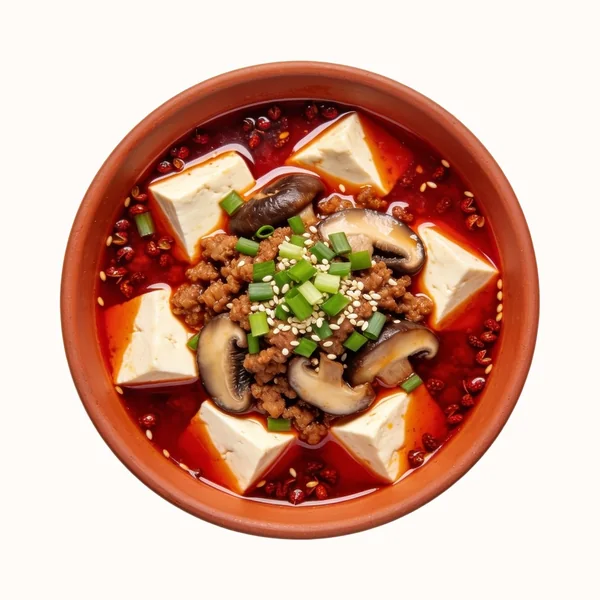 Mapo Tofu, plated, photographed from above.
