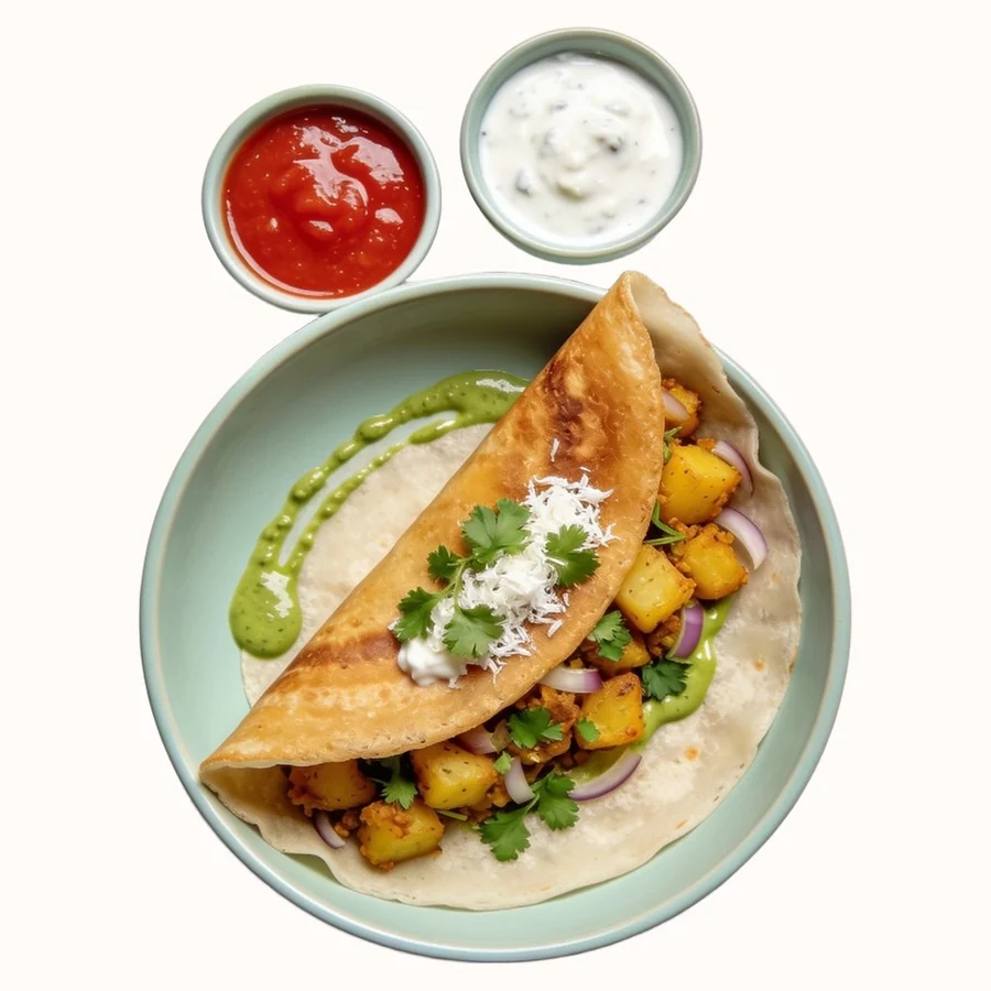 Masala Dosa, plated, photographed from above.