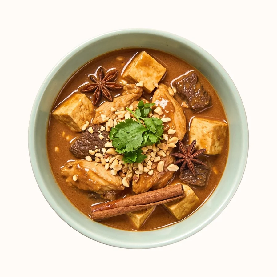 Massaman Curry, plated, photographed from above.
