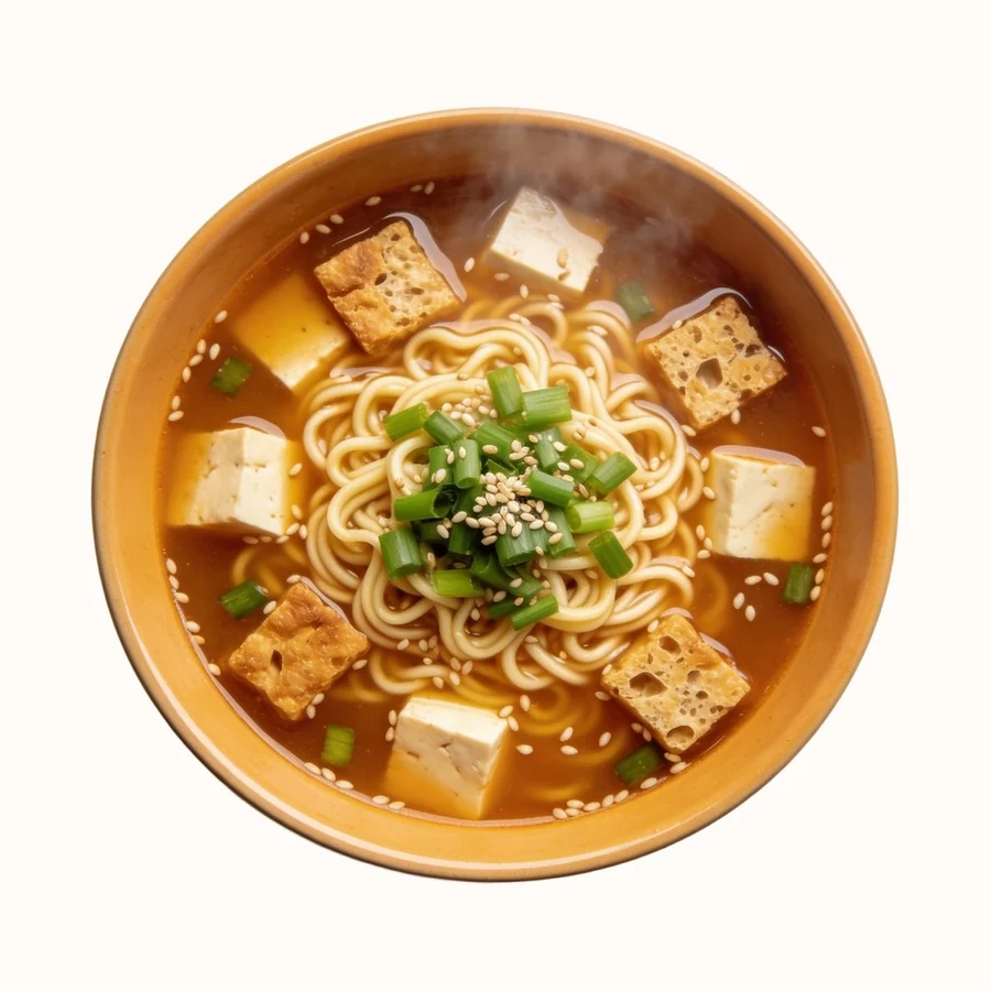 Miso Ramen with Tofu, plated, photographed from above.