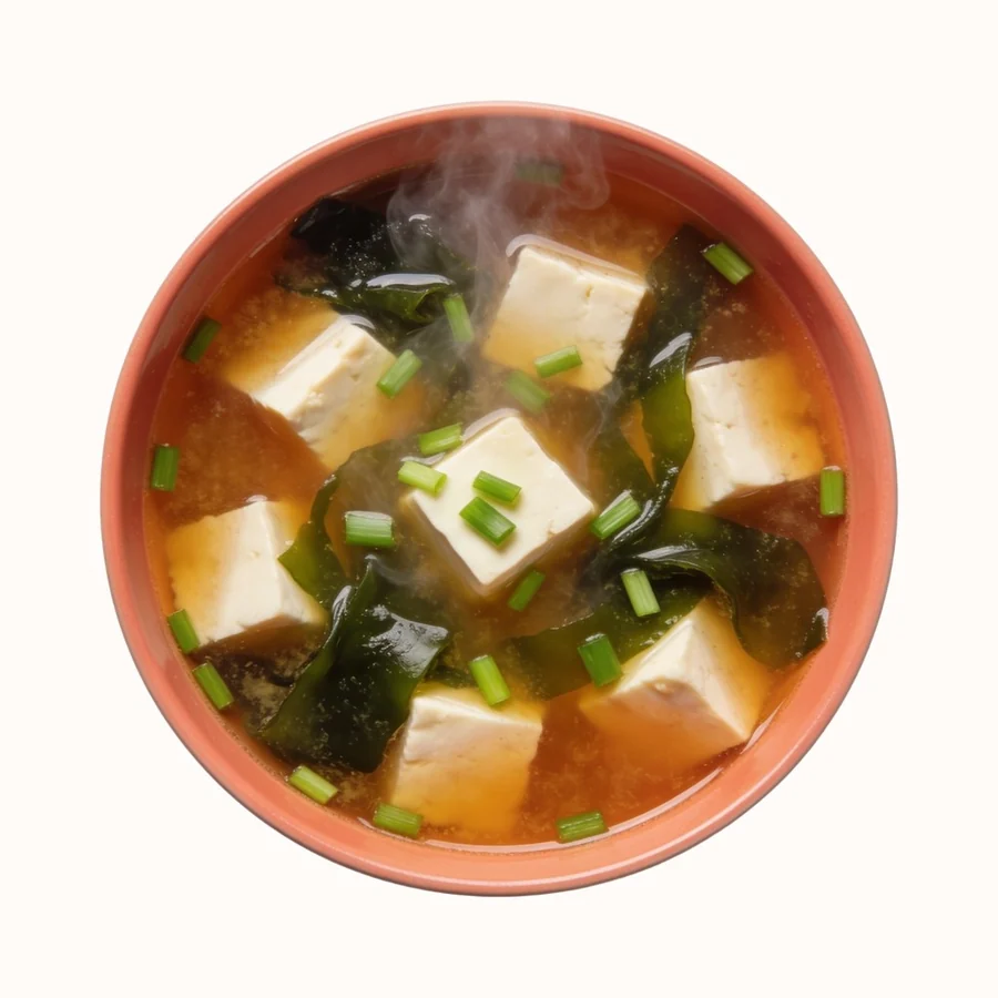 Miso Soup, plated, photographed from above.