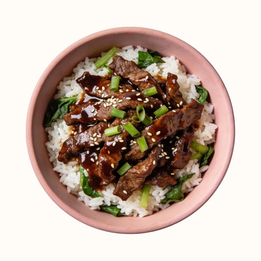 Mongolian Beef, plated, photographed from above.