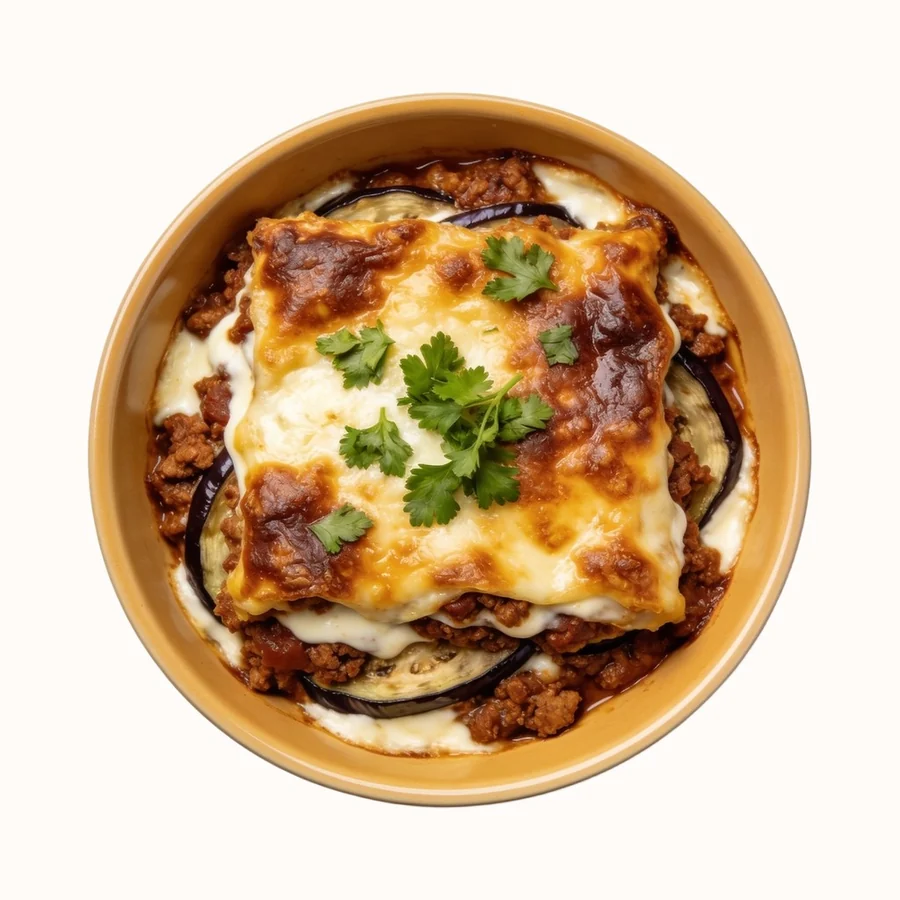 Moussaka, plated, photographed from above.