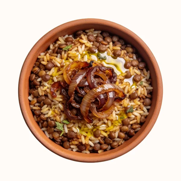 Mujadara, plated, photographed from above.