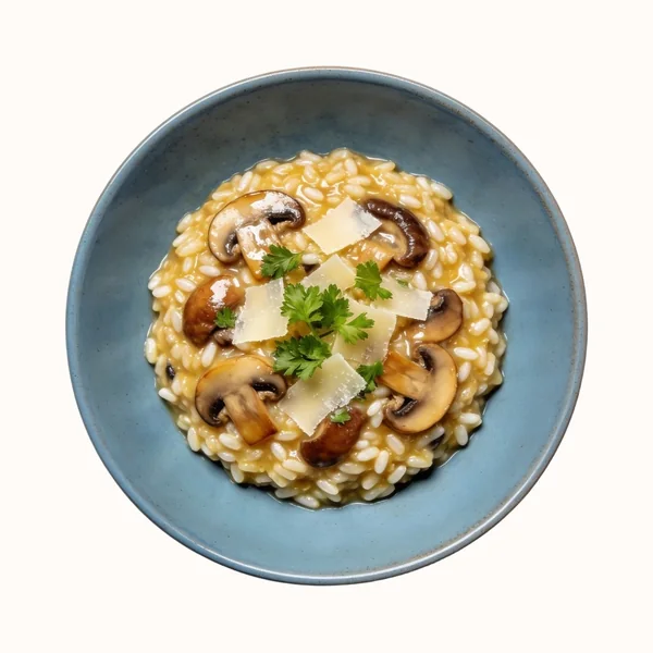 Mushroom Risotto, plated, photographed from above.
