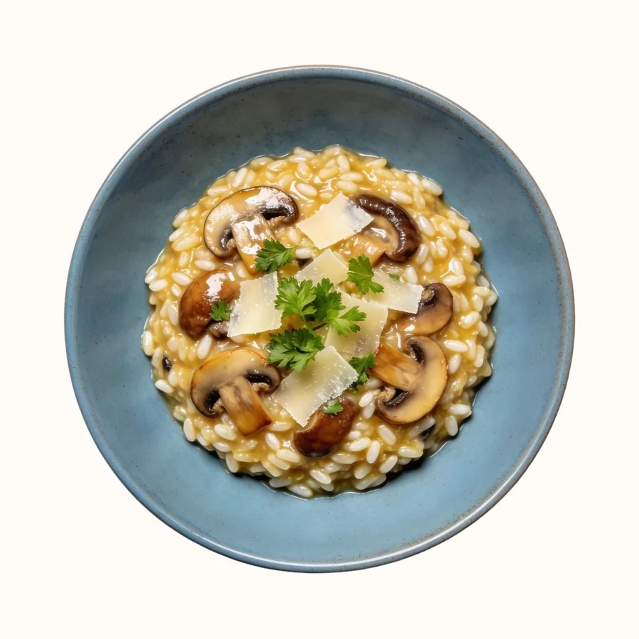 Mushroom Risotto, plated, photographed from above.
