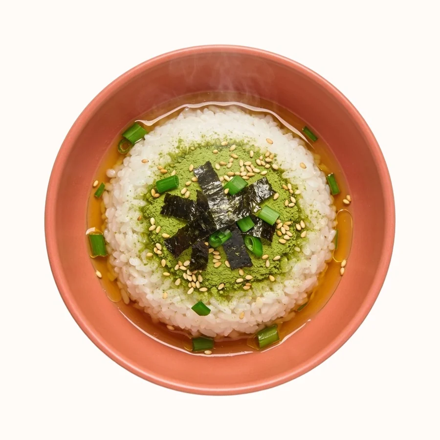 Ochazuke, plated, photographed from above.
