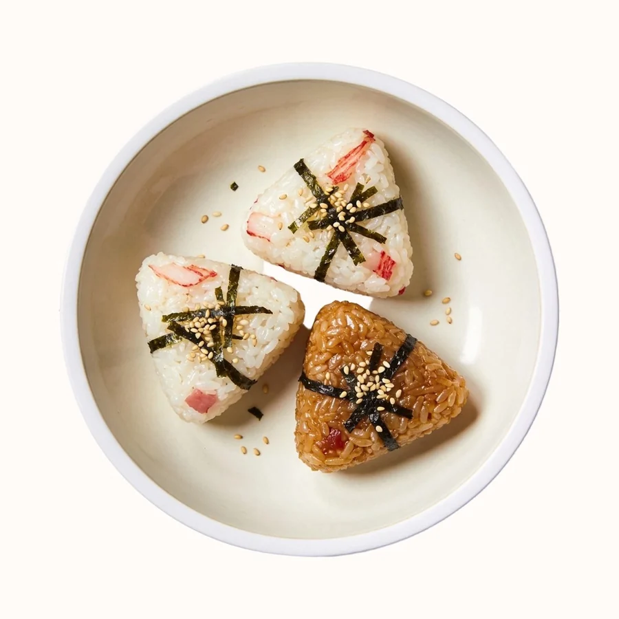 Onigiri (Rice Balls), plated, photographed from above.