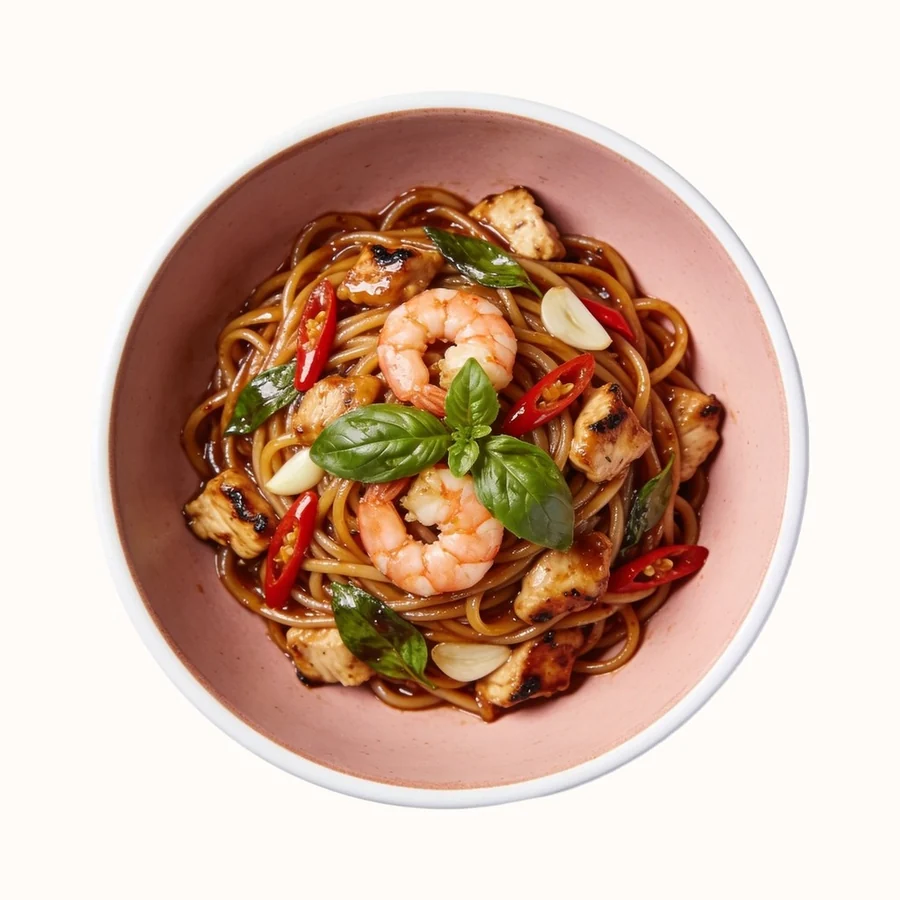 Pad Kee Mao (Drunken Noodles), plated, photographed from above.