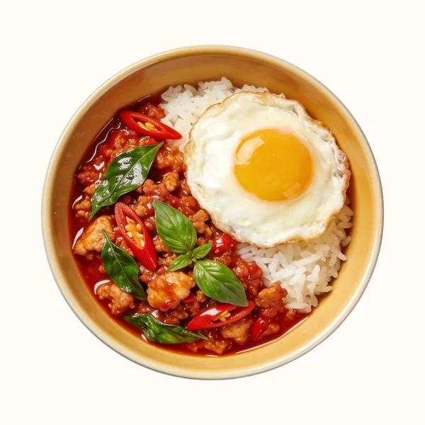 Pad Krapow Gai (Thai Basil Chicken), plated, photographed from above.