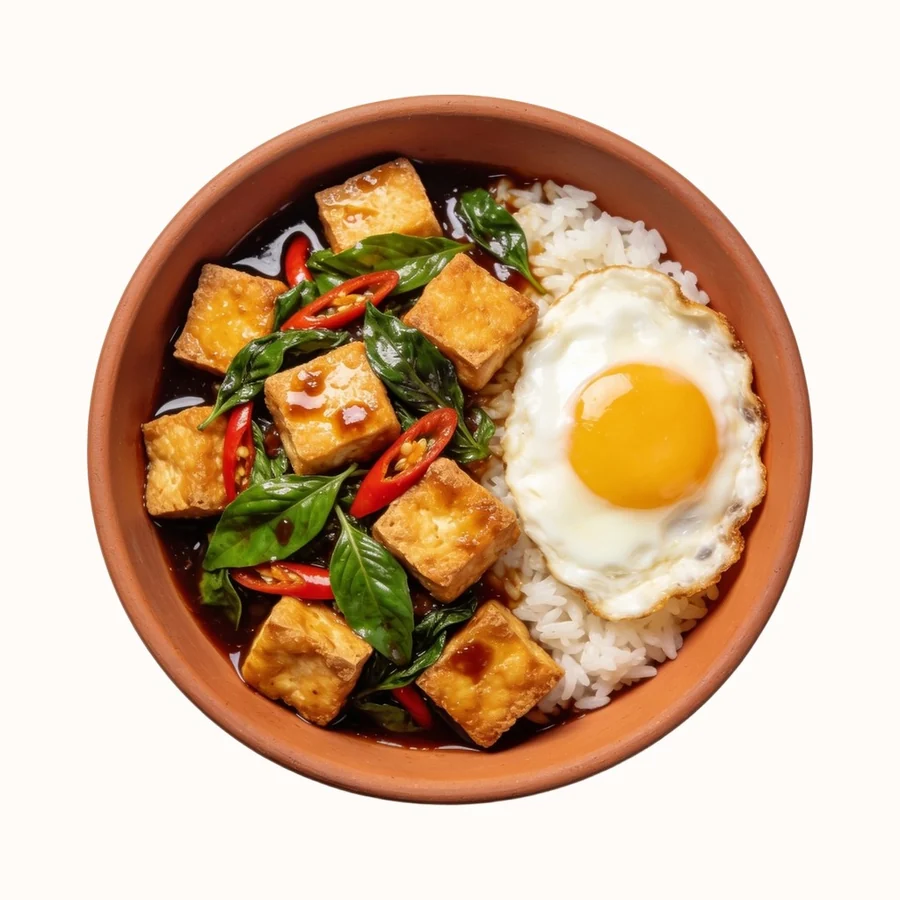 Pad Krapow Tofu (Thai Basil Tofu), plated, photographed from above.