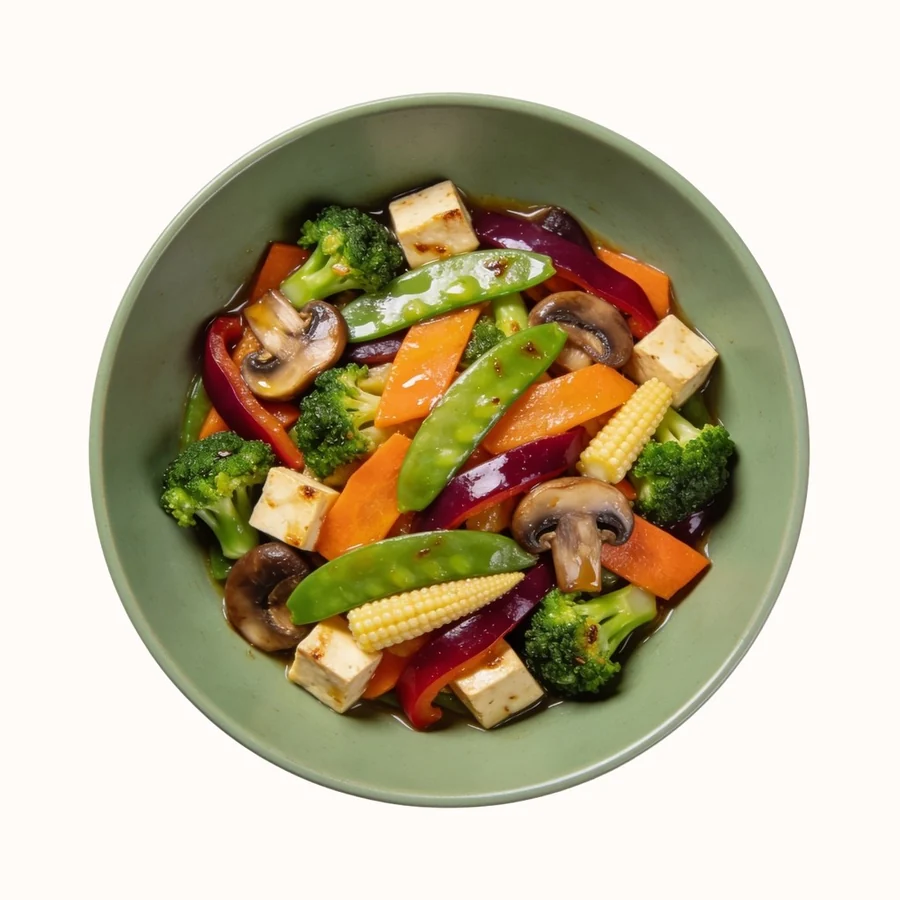 Pad Pak Ruam (Stir-fried Mixed Vegetables), plated, photographed from above.