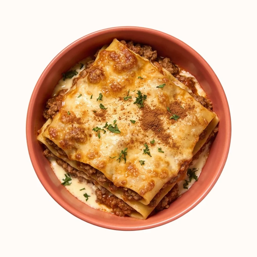 Pastitsio, plated, photographed from above.