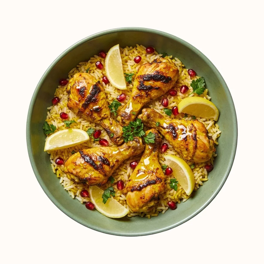 Persian Saffron Chicken (Joojeh Kabob), plated, photographed from above.