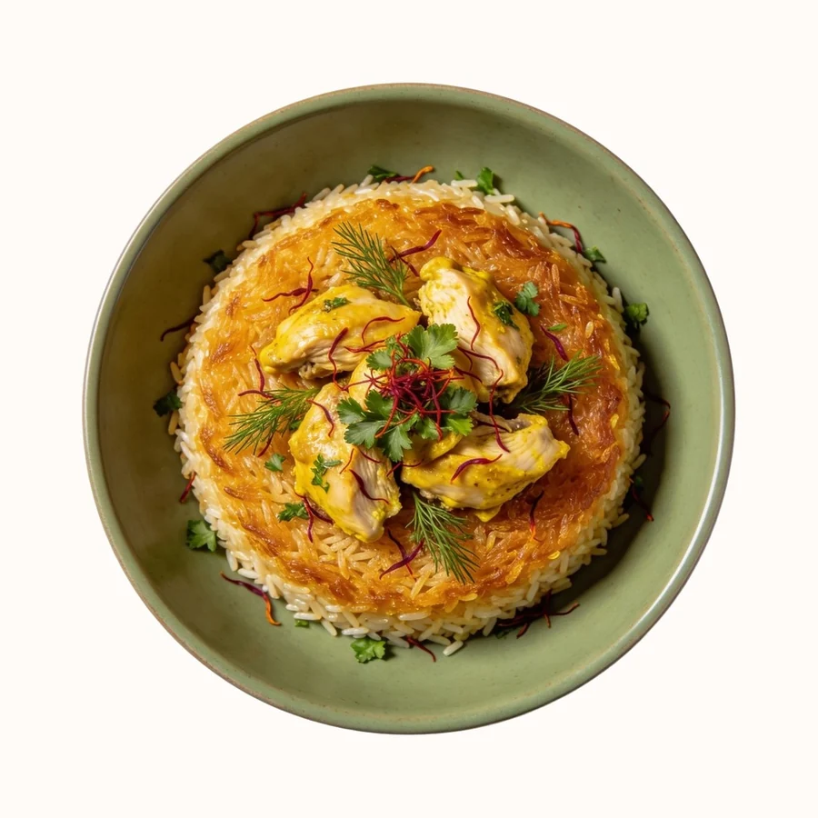 Persian Tahdig with Saffron Chicken, plated, photographed from above.
