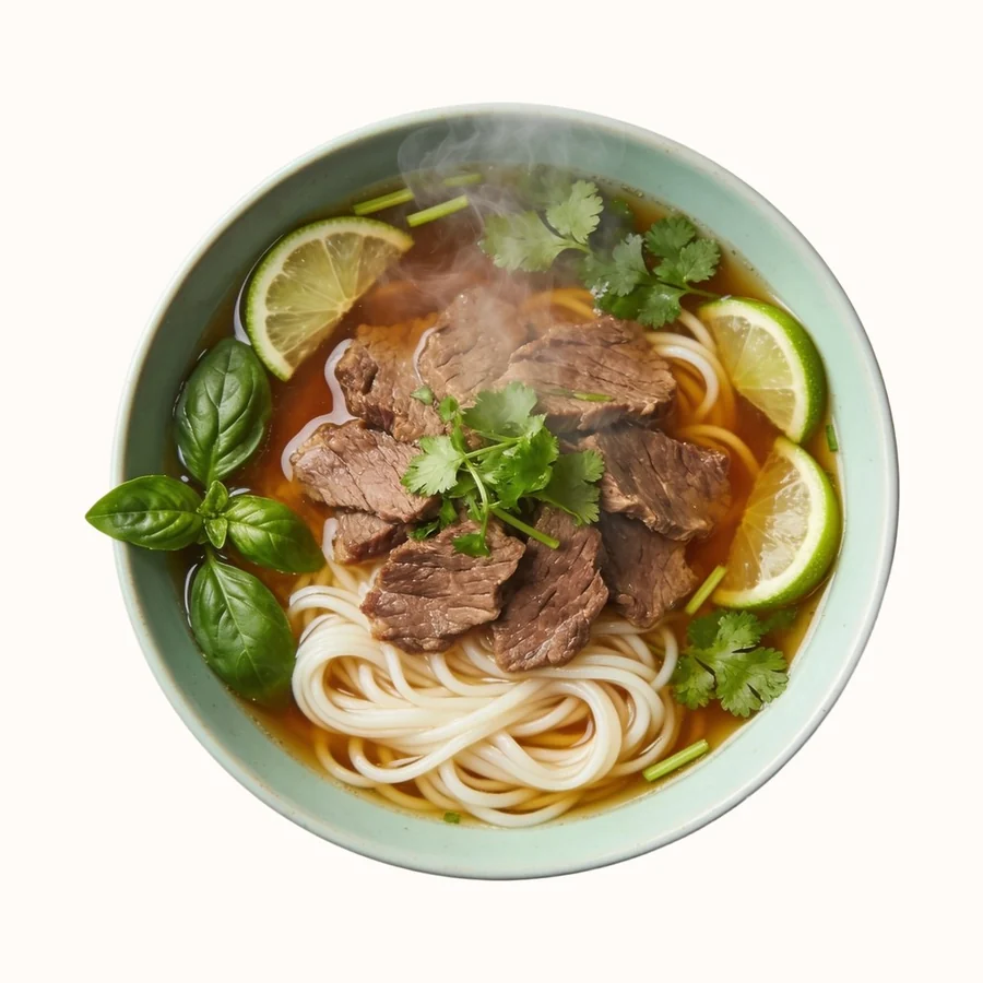 Pho Bo, plated, photographed from above.