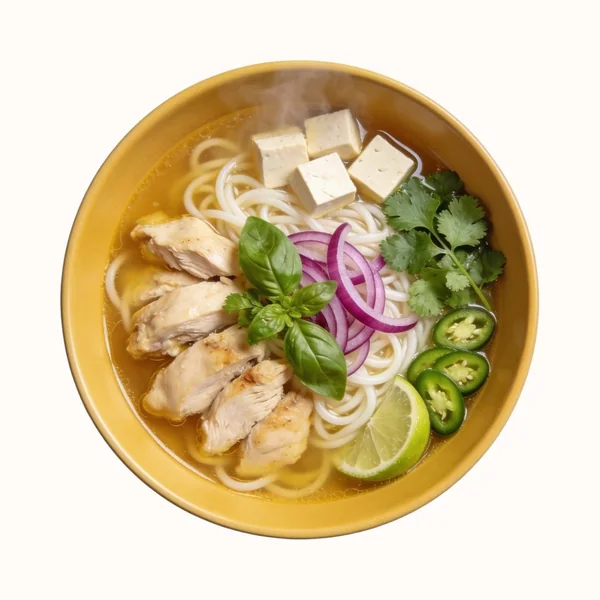 Pho Ga, plated, photographed from above.