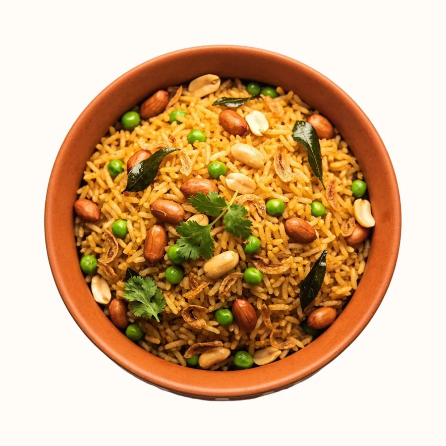 Poha, plated, photographed from above.