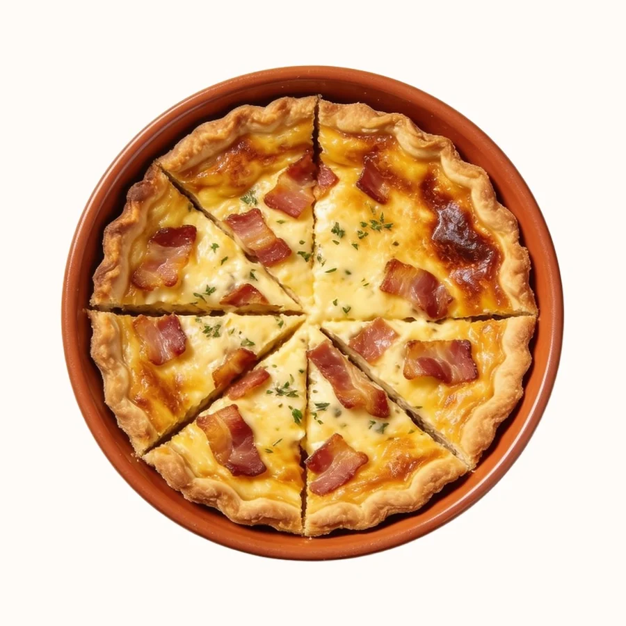 Quiche Lorraine, plated, photographed from above.