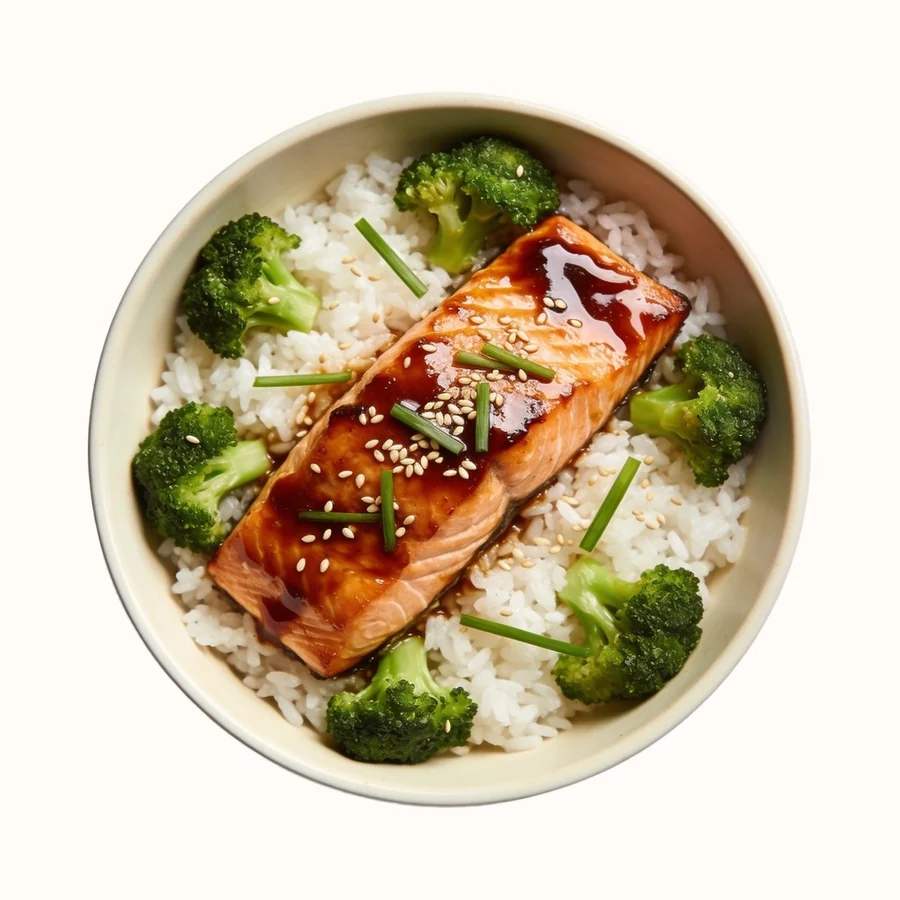 Salmon Teriyaki, plated, photographed from above.