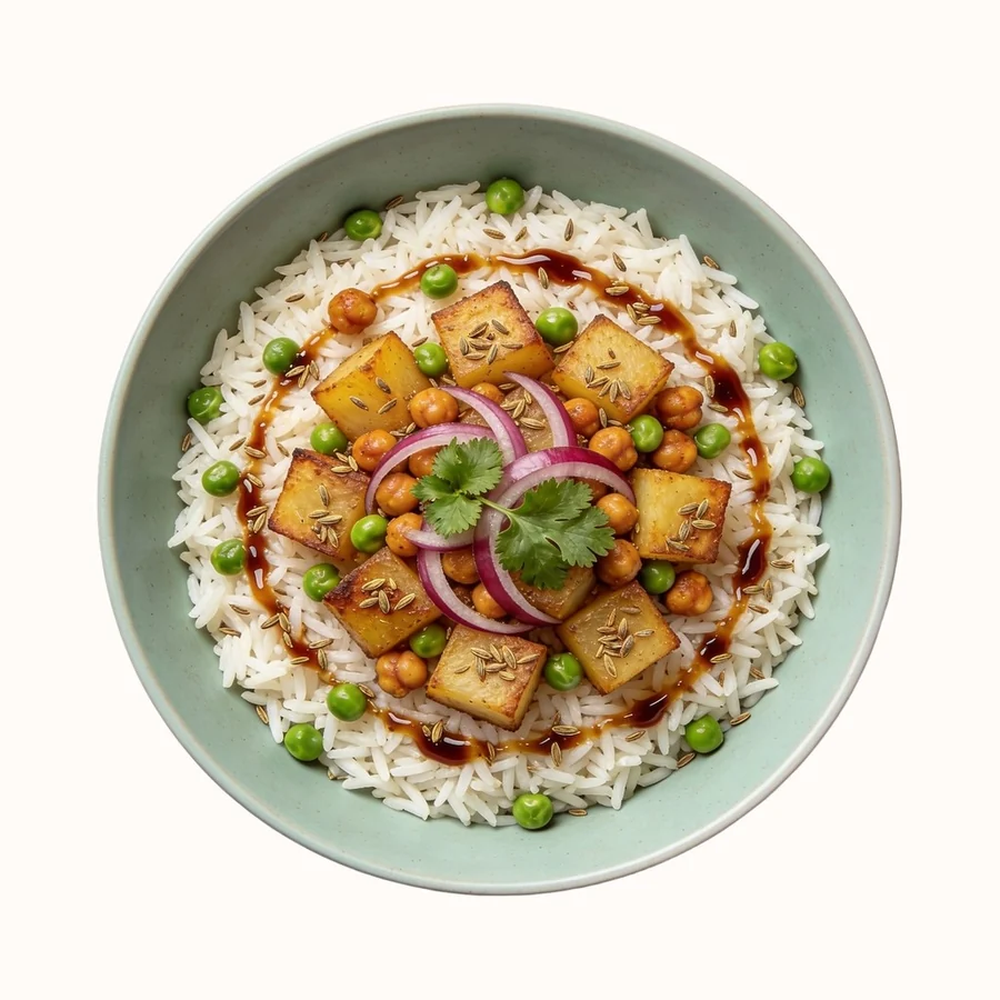 Deconstructed Samosa Bowl, plated, photographed from above.