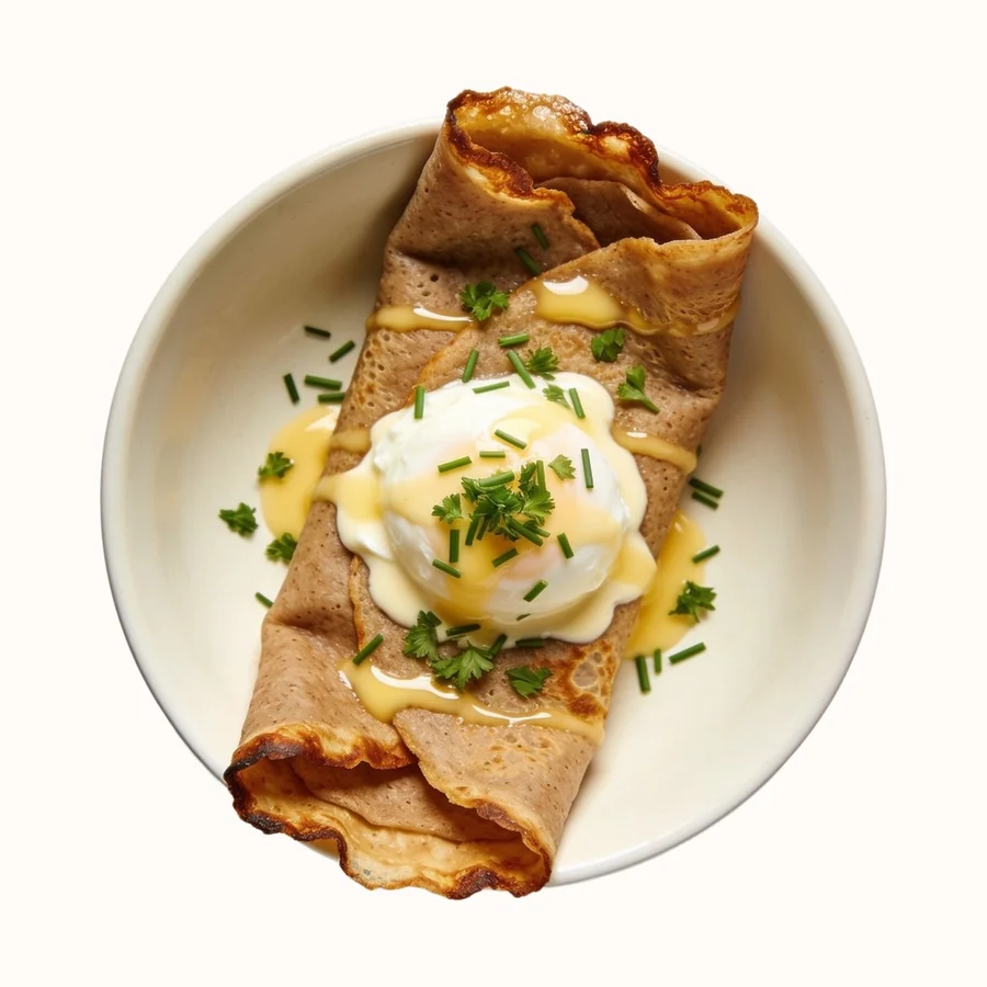 Savory Buckwheat Crepes, plated, photographed from above.