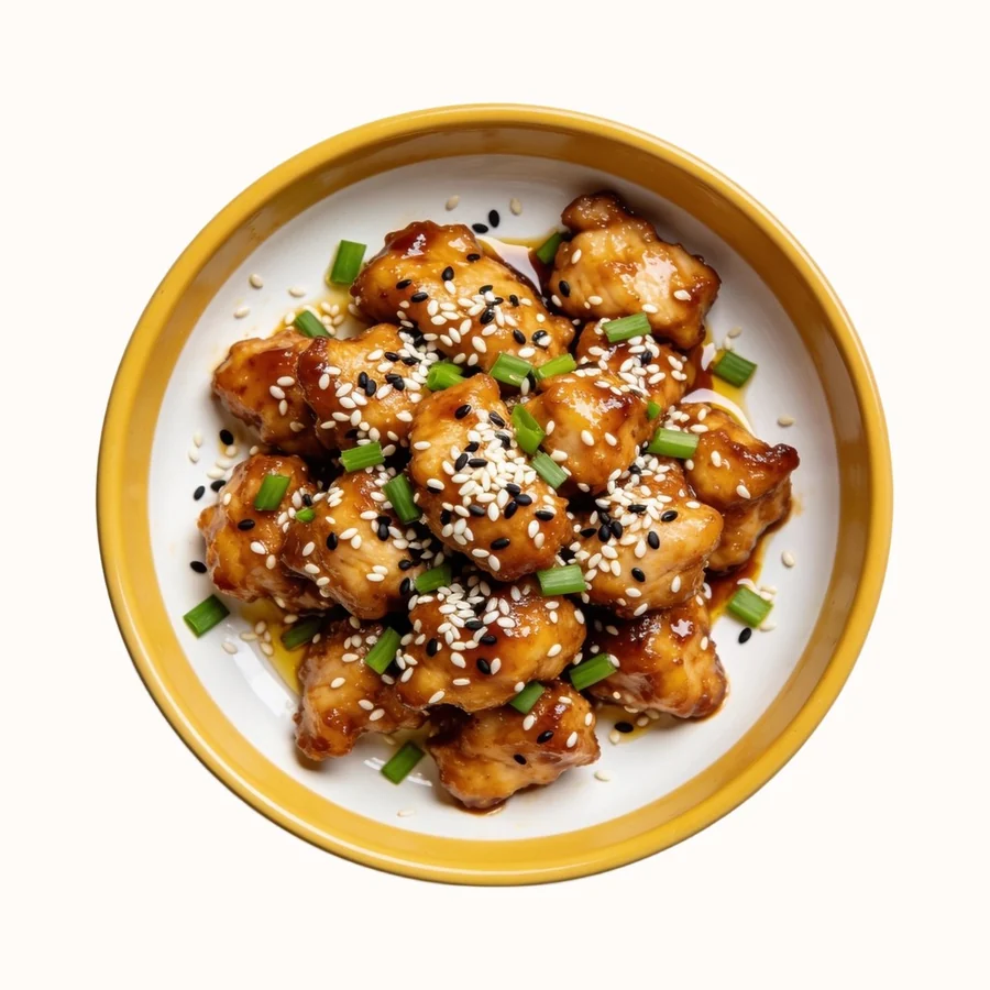 Sesame Chicken, plated, photographed from above.