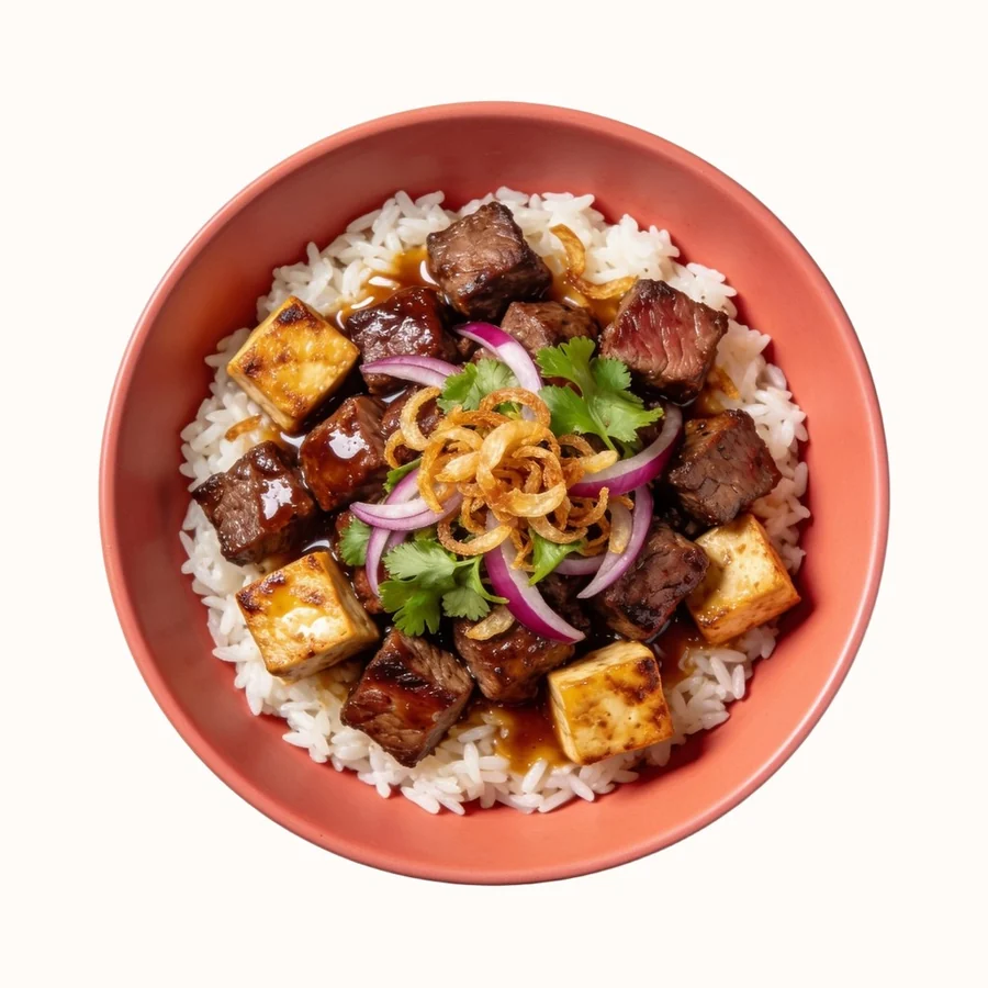 Shaking Beef Bowl, plated, photographed from above.