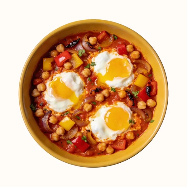 Shakshuka, plated, photographed from above.