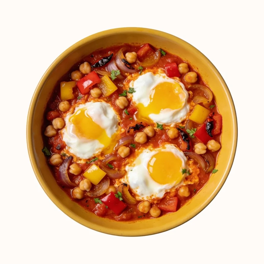 Shakshuka, plated, photographed from above.