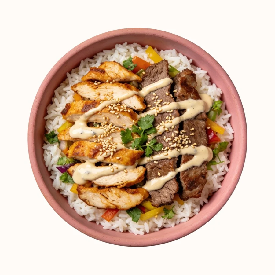 Shawarma Bowl, plated, photographed from above.