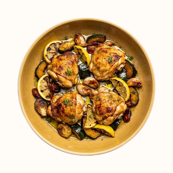 Sheet-Pan Greek Chicken with Vegetables, plated, photographed from above.