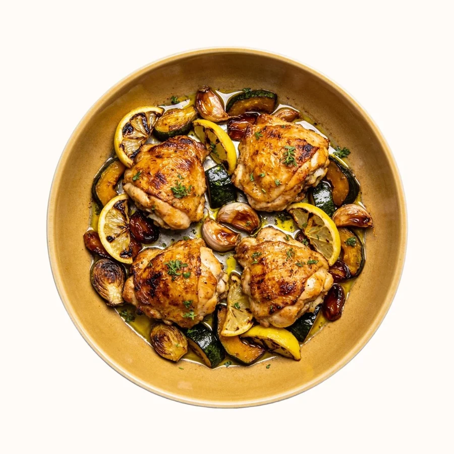 Sheet-Pan Greek Chicken with Vegetables, plated, photographed from above.