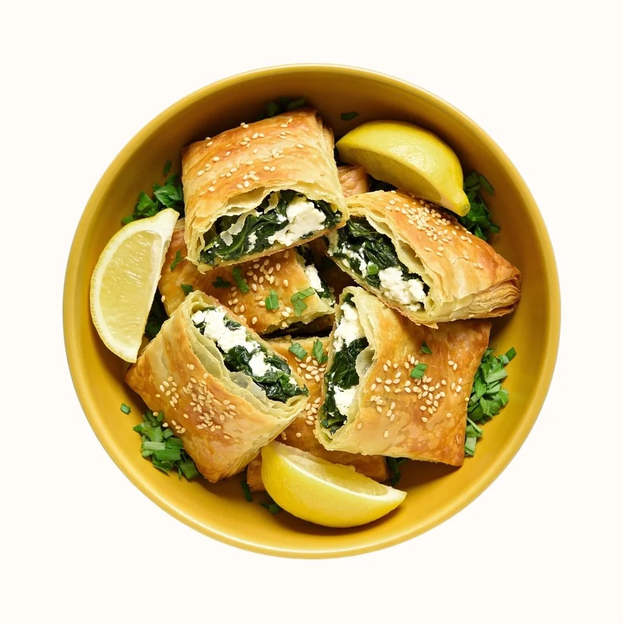 Spanakopita, plated, photographed from above.