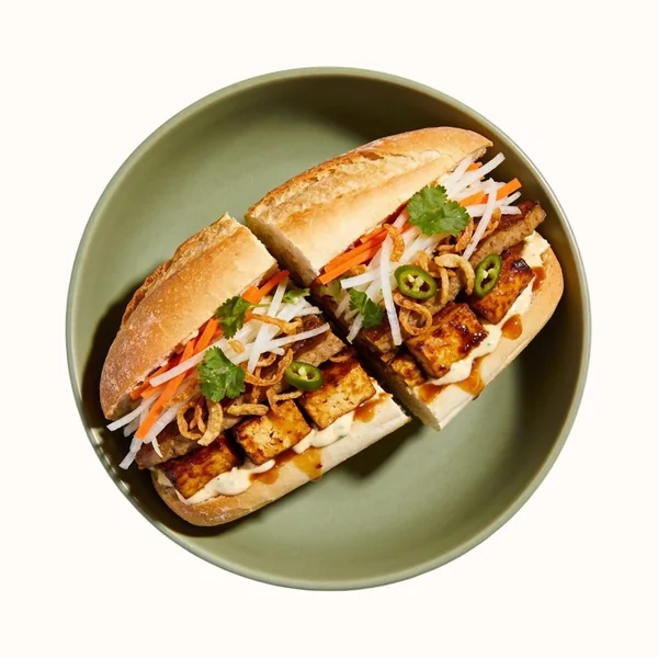 Tofu banh mi cut in half on a green plate, filled with caramelized lemongrass tofu, pickled carrot and daikon, cilantro and sliced jalapeno.