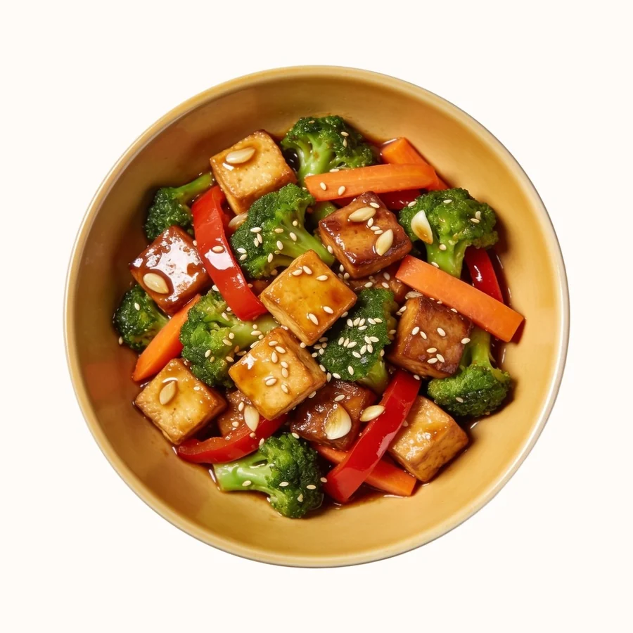 Vegetable Stir-fry with Garlic Sauce, plated, photographed from above.