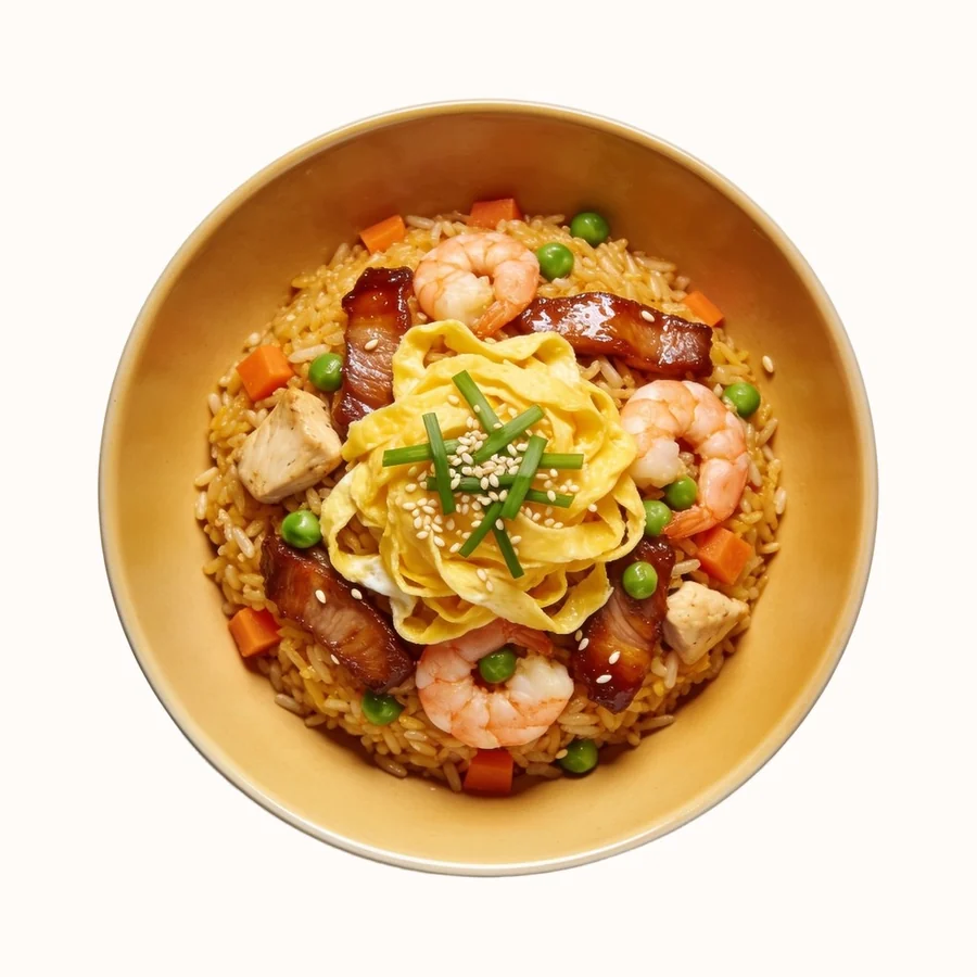 Yangzhou Fried Rice, plated, photographed from above.